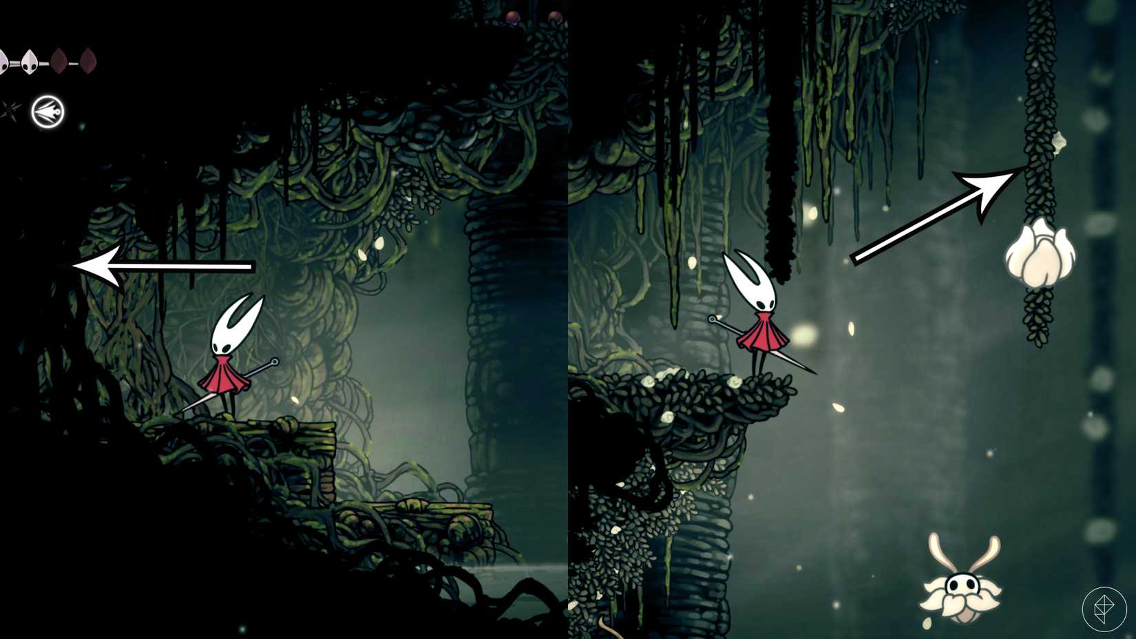 The path to the Cling Grip wall jump location in Hollow Knight: Silksong.