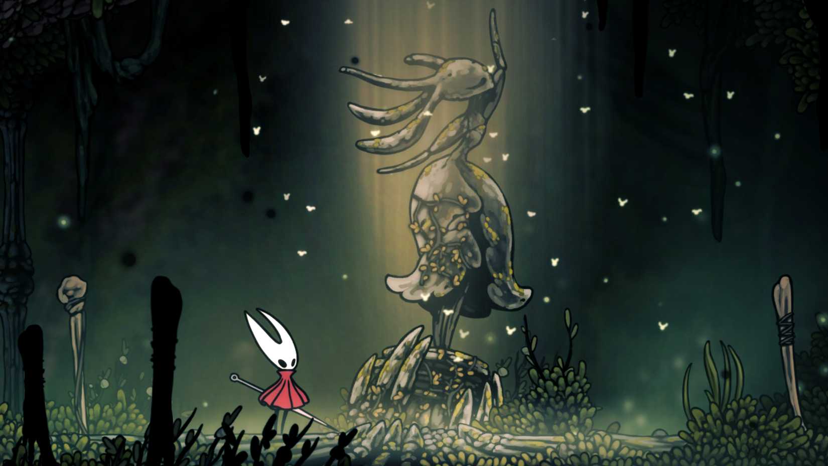 Uma estátua marcando uma área secreta em Far Fields em Hollow Knight: Silksong.