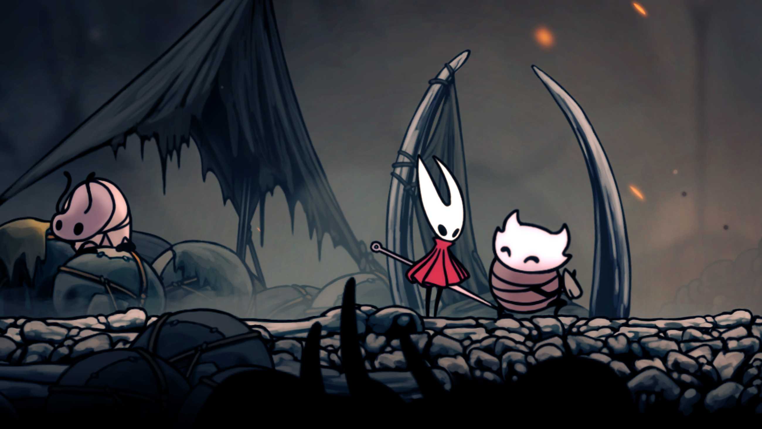A player standing next to Flicker, the bug working on the quest board in Bone Bottom in Hollow Knight: Silksong.