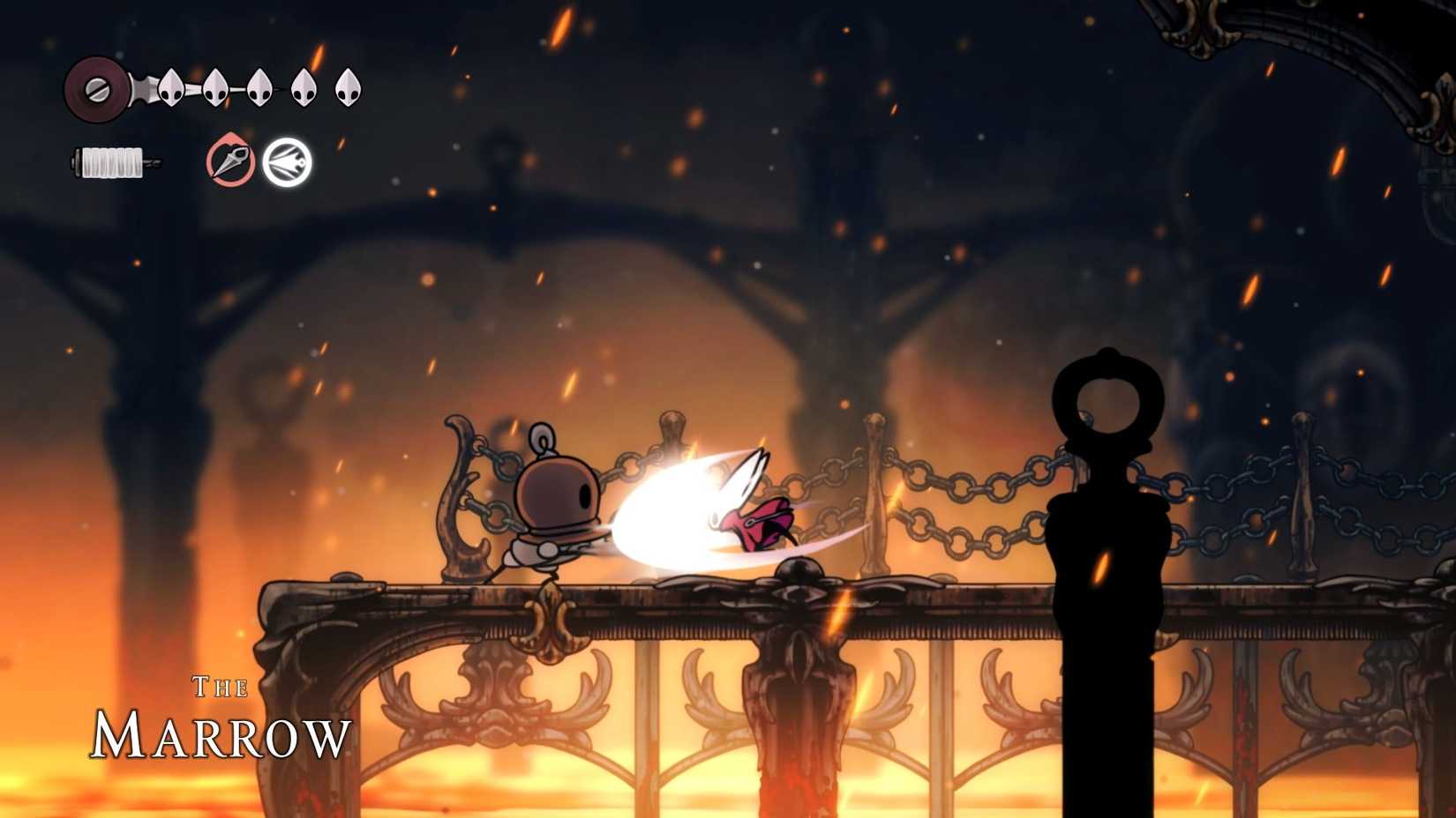 Hornet in Silksong parrying an enemy in The Marrow region