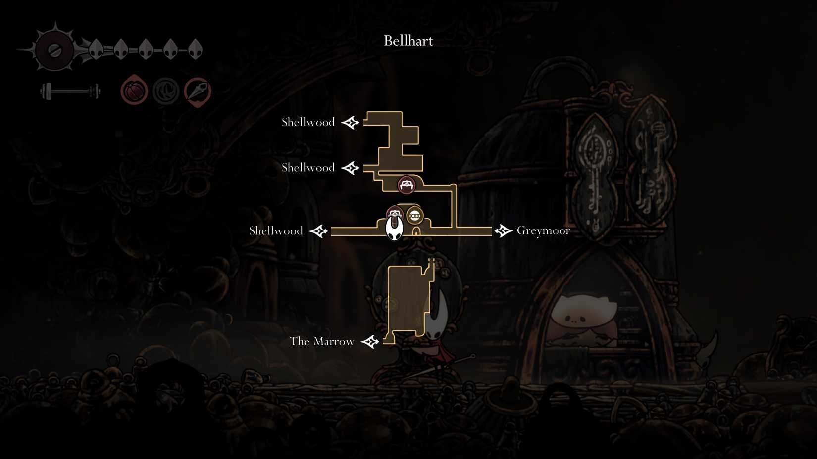 एक मैप इमेज दिखा रहा है कि सिल्क्सॉन्ग में सिल्वर बेल्स क्वेस्ट शुरू करने के लिए