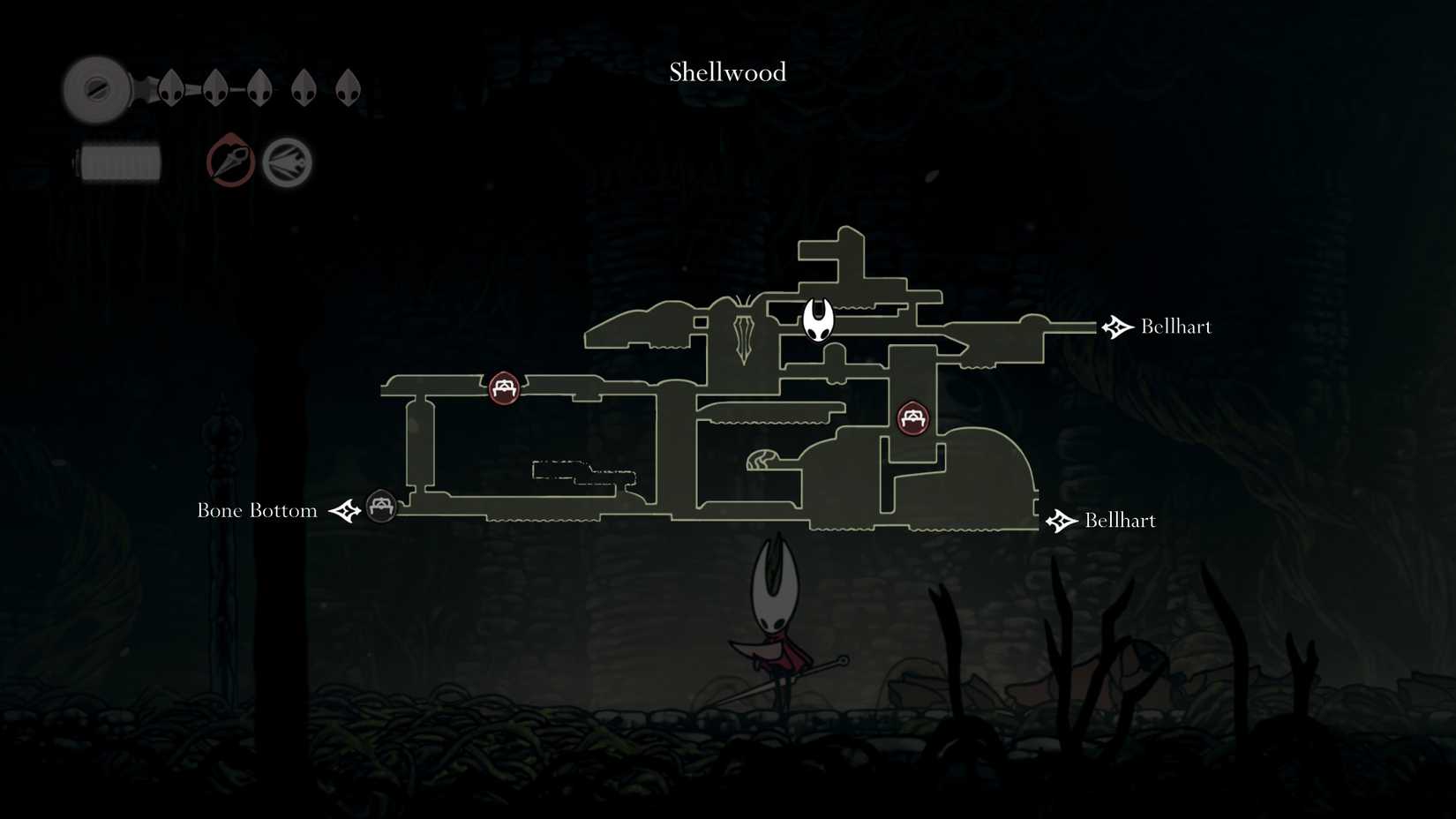 A map showing Hornet in the Sister Splinter arena in Silksong