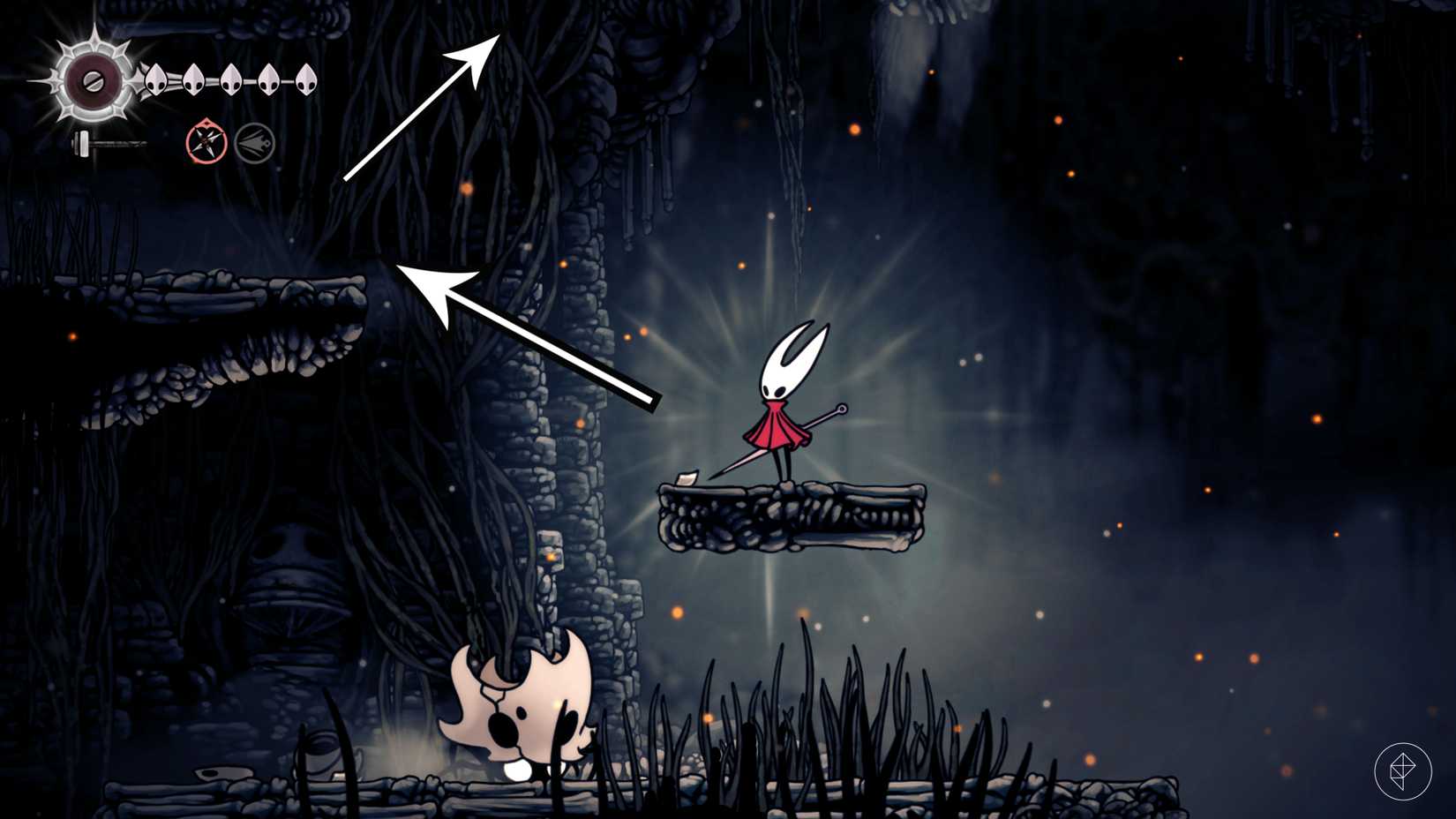 Un jugador que sube a la segunda ubicación volátil de Flintbeetle en Hollow Knight: Silksong.
