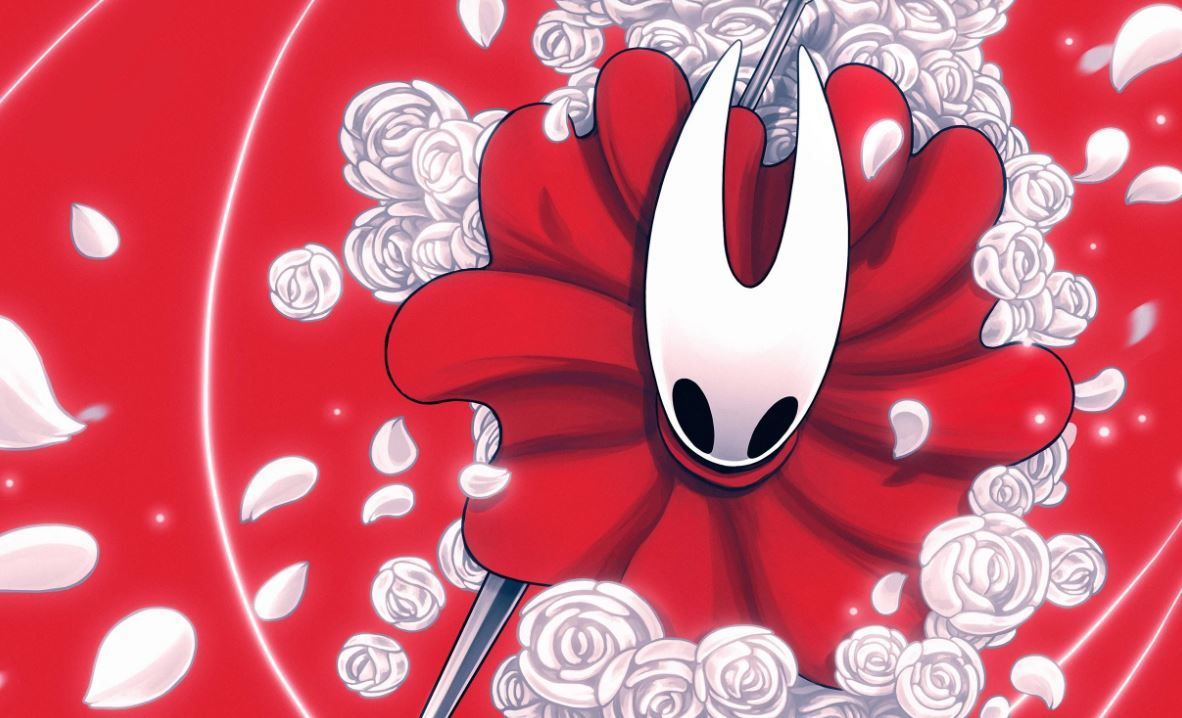 Hornet, the protagonist of Hollow Knight: Silksong, surrounded by white roses and petals. 