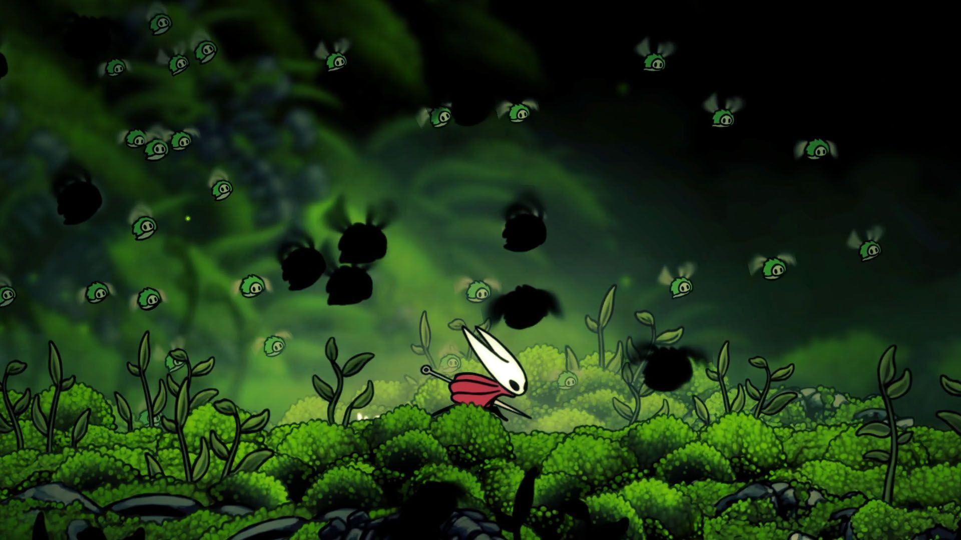 Hornet running through a field full of flying bugs in Hollow Knight: Silksong.