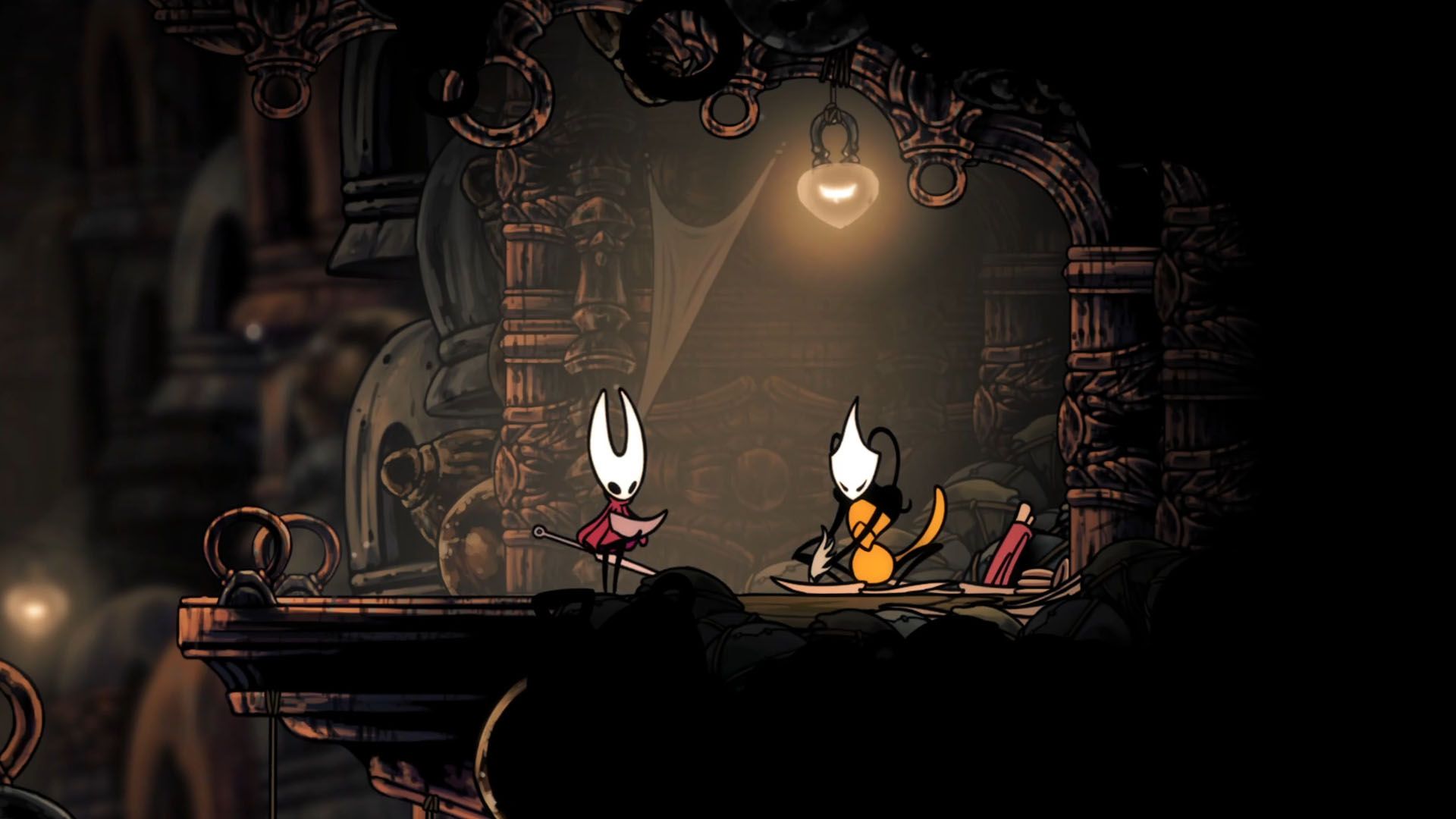 Hornet looking at a map beside Shakra in Hollow Knight: Silksong.