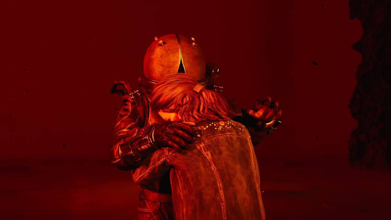 The Traveler hugs a resident of New Dawn.