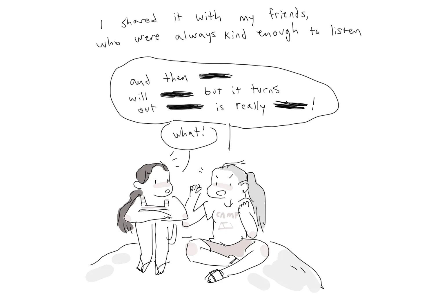 Line-art of a girl excitedly telling a redacted story to a friend