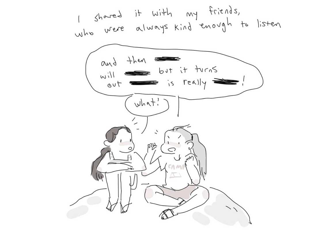 Line-art of a girl excitedly telling a redacted story to a friend
