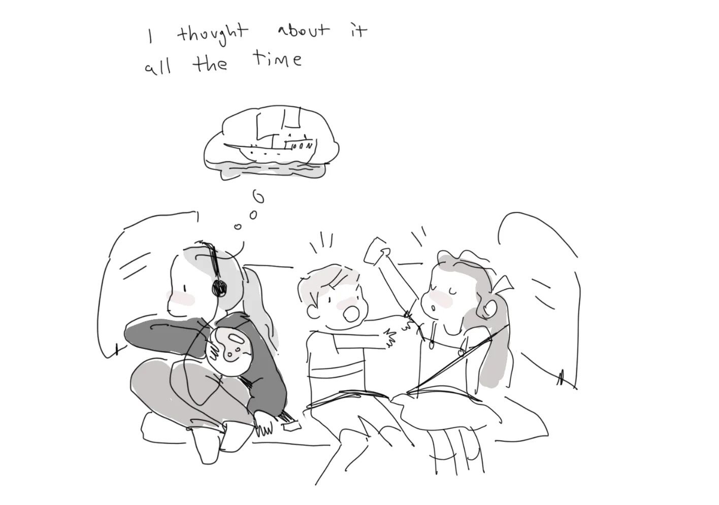 Line-art of young Stevenson daydreaming of a ship