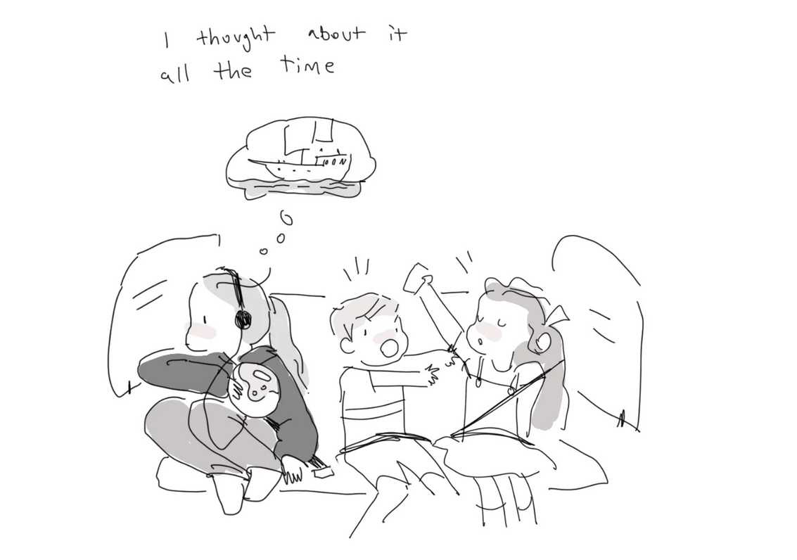 Line-art of young Stevenson daydreaming of a ship