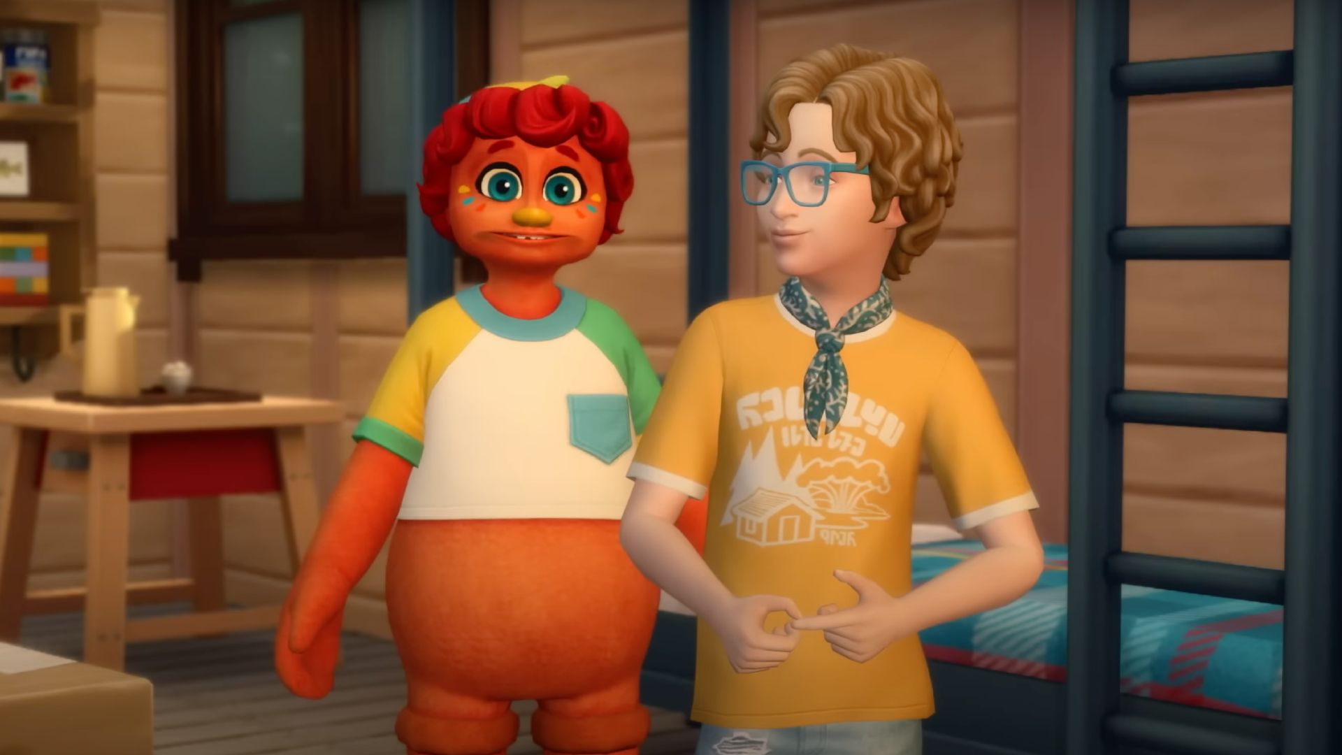 A male child-sim stands next to his Imaginary Friend, who looks like a terrifying sports mascot.