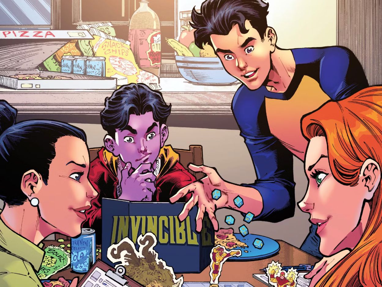 Invincible ttrpg issue 1 special cover detail with Invincible, Atom Eve, Oliver, and Debbie playing the Invincible TTRPG