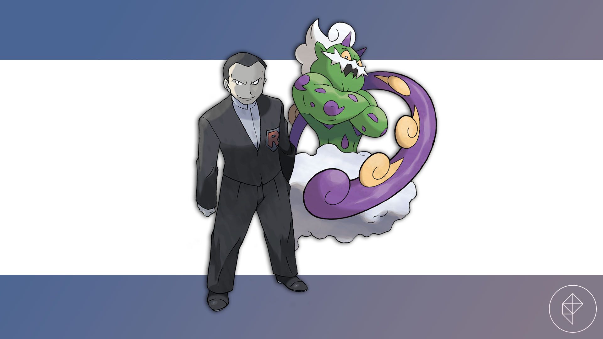 Giovanni poses with Tornadus on a gradient background