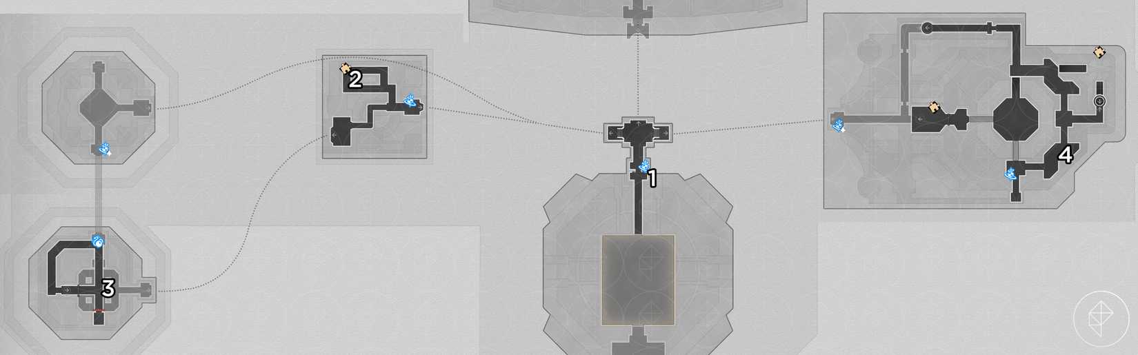 A map of the "Universal Matrix" in Honkai: Star Rail, showing where to find four nymphs.