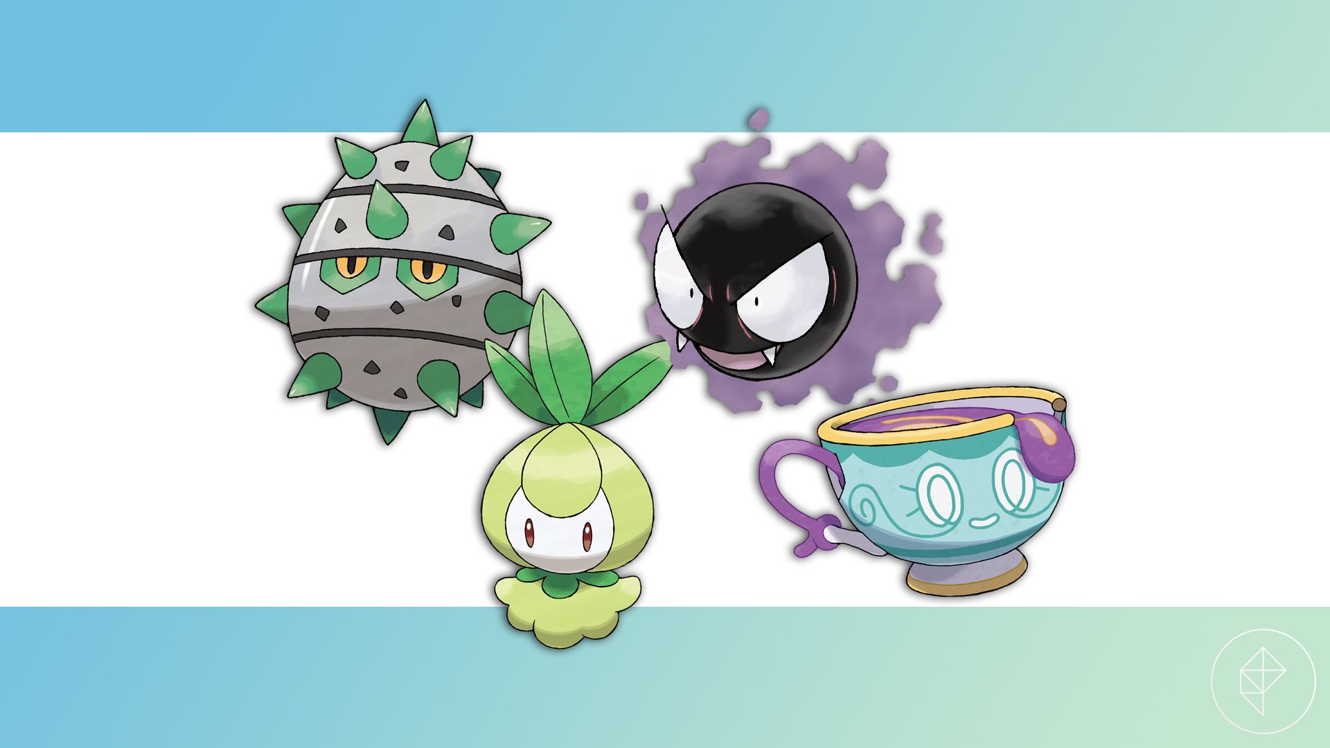 Ferroseed, Petilil, Gastly, and Sinistea over a gradient background