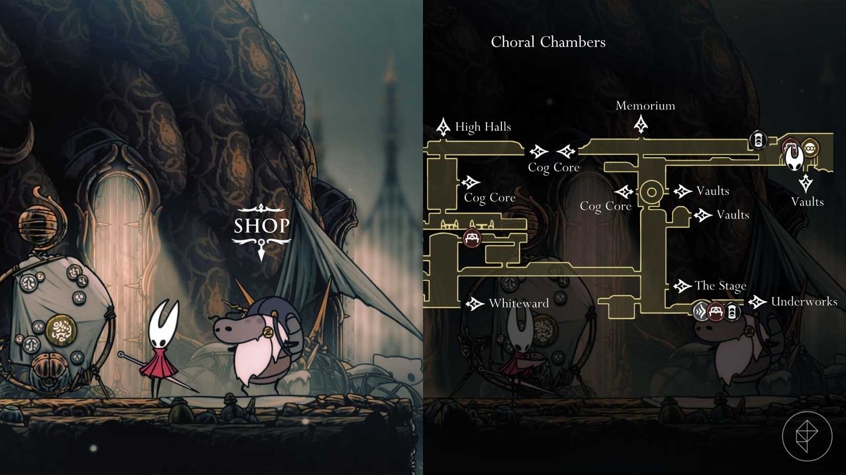 Hornet standing next to Jubliana, a shopkeeper in Hollow Knight: Silksong.