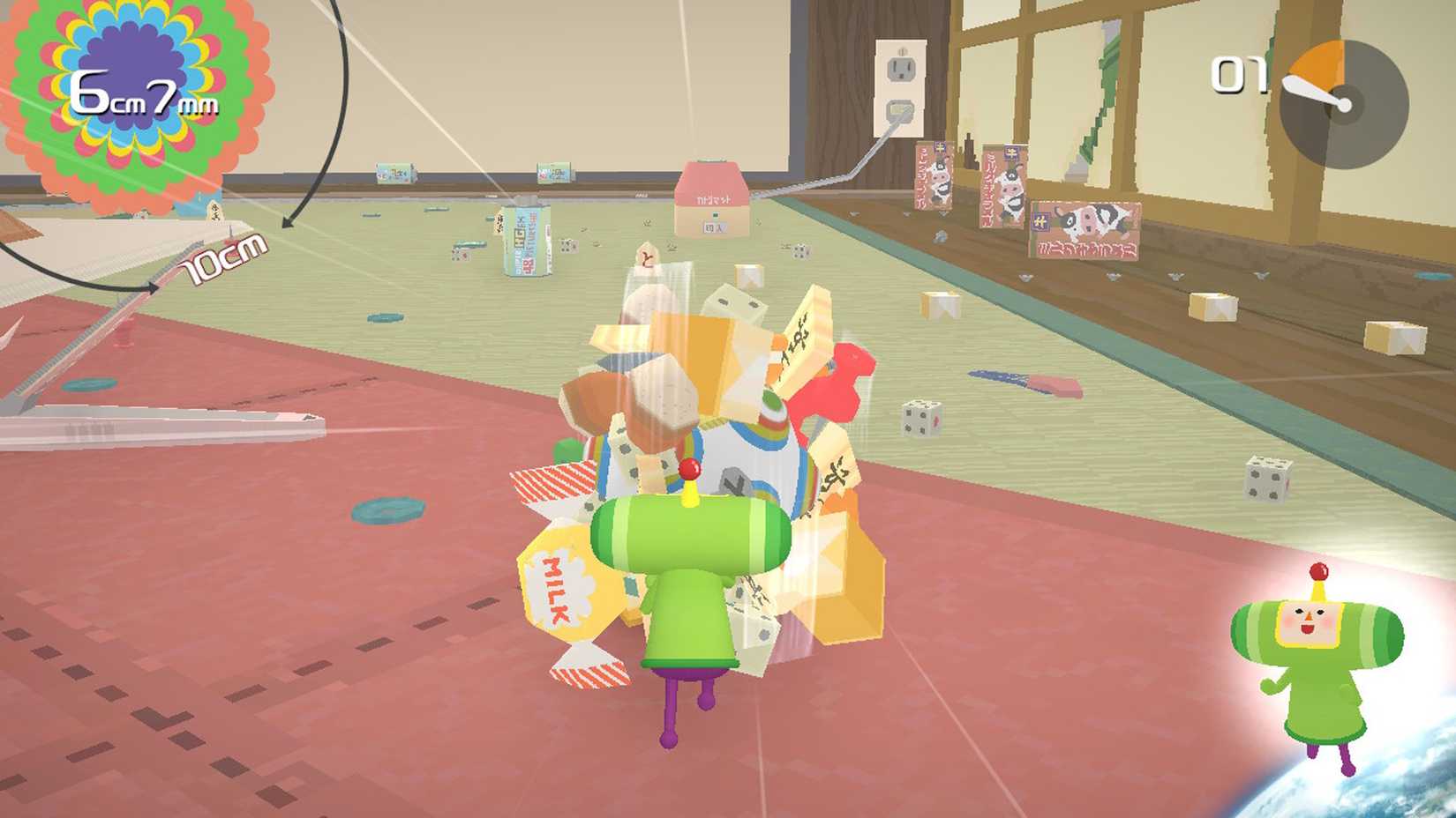 The prince of all cosmos rolling a katamari in Katamari Damacy