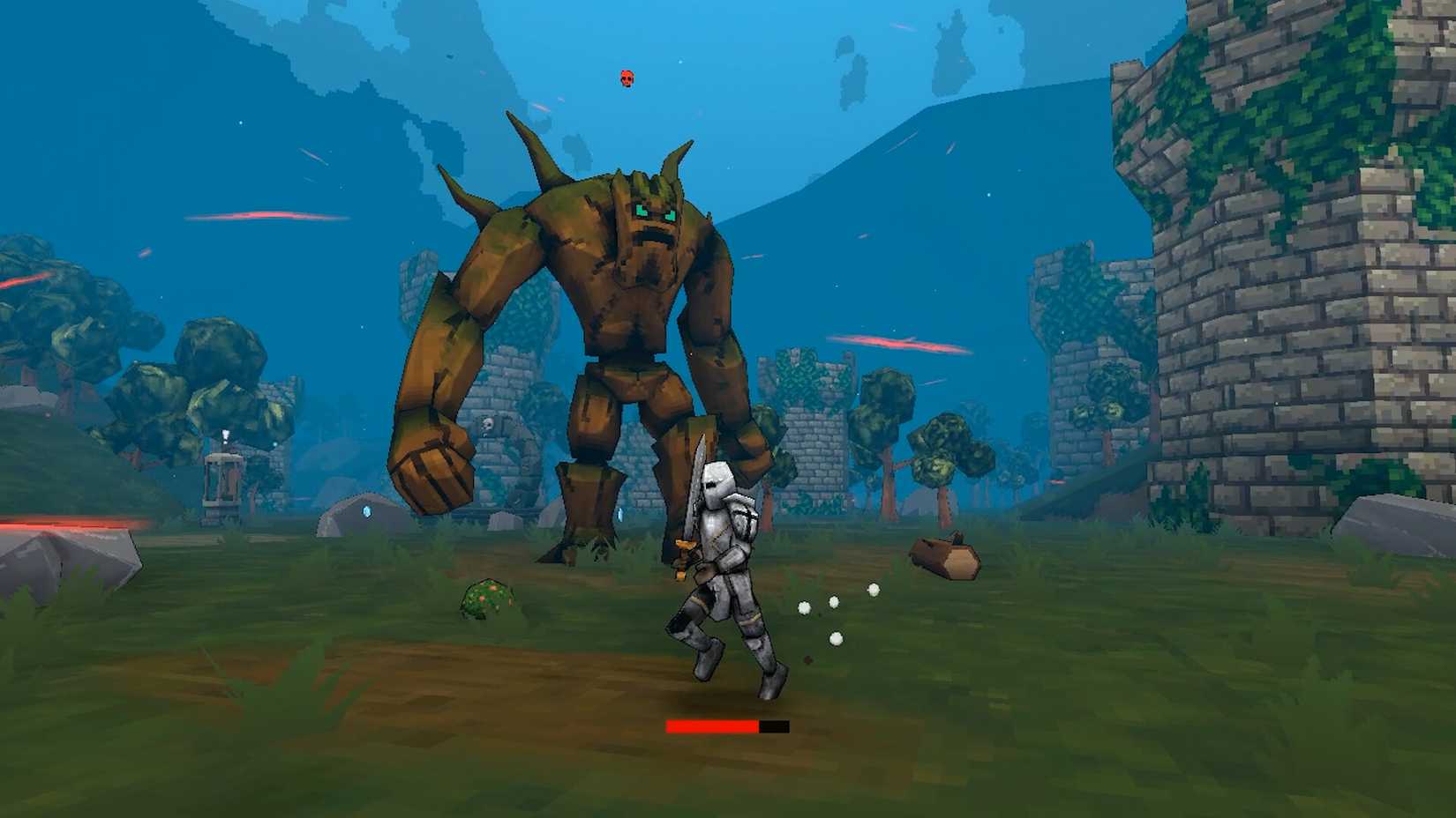 A knight in Megabonk, the Steam best-selling indie roguelite, as he runs away from a tree-based boss.