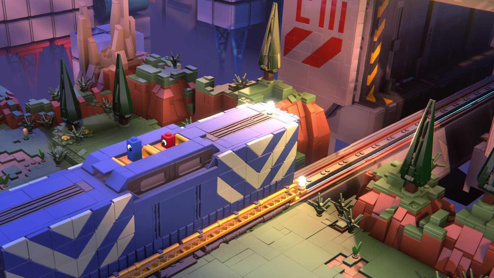 ภาพหน้าจอเลโก้อย่างเป็นทางการของเลโก้อย่างเป็นทางการที่ล้อเล่นตัวละครสองตัวบนรถไฟสีน้ำเงิน