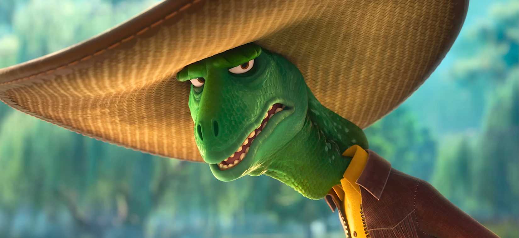 A lizard character in a huge sombrero in a closeup in Zootopia 2