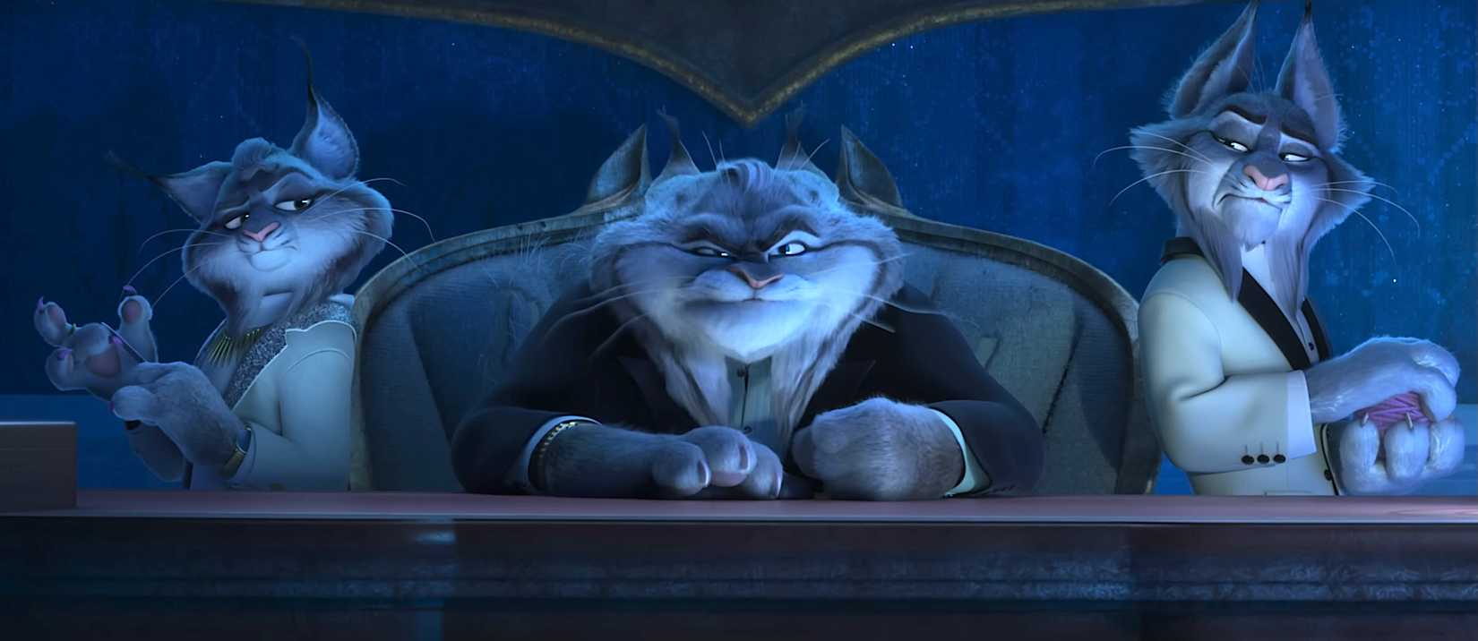 Three members of the Lynxley family behind a desk in Zootopia 2