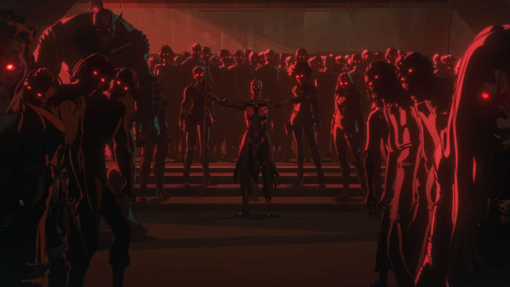 A zombie horde with glowing red eyes in Marvel Zombies