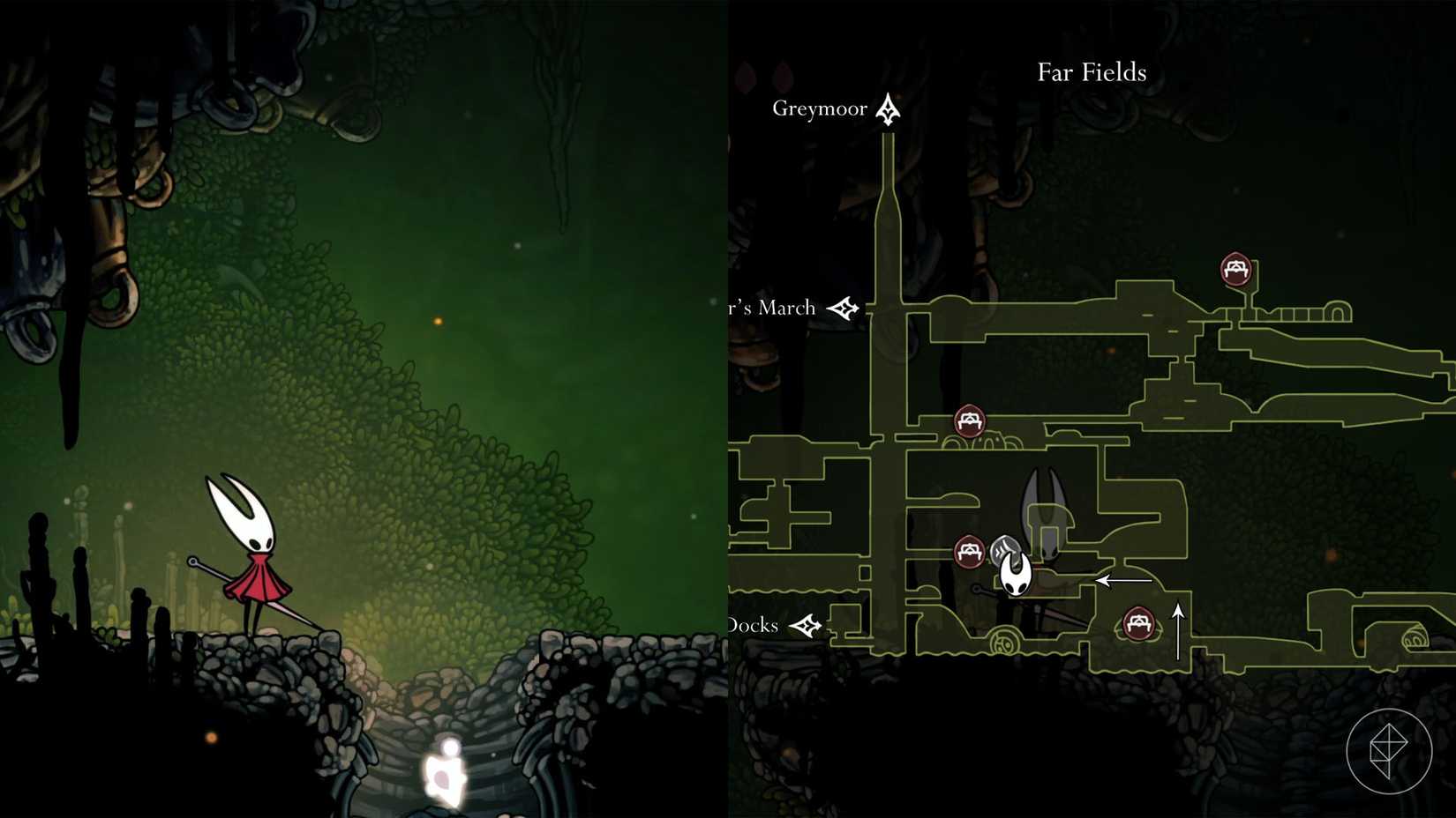 Hornet standing beside a Mask Shard hidden in the ground in Far Fields in Silksong.
