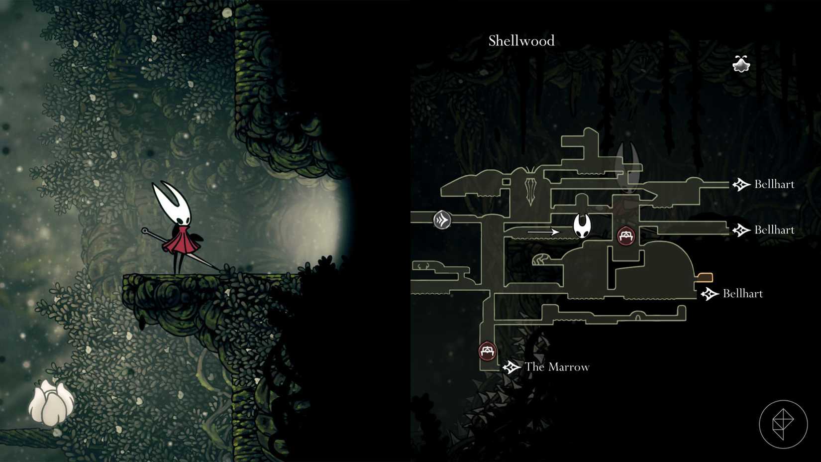Hornet standing outside of an entrance in Shellwood that leads to a Mask Shard.