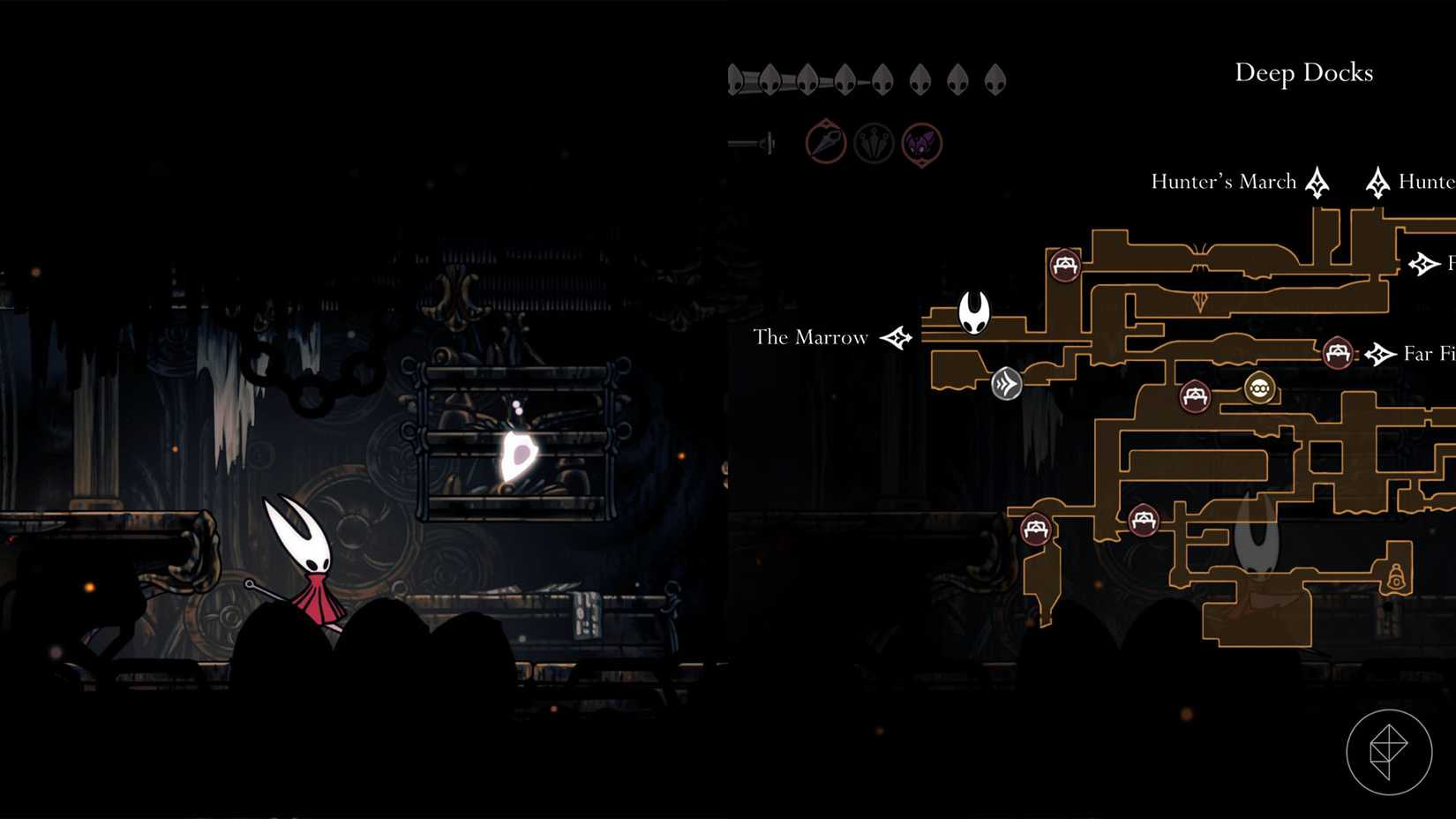 Hornet standing beside a Mask Shard in the Deep Docks in Silksong.