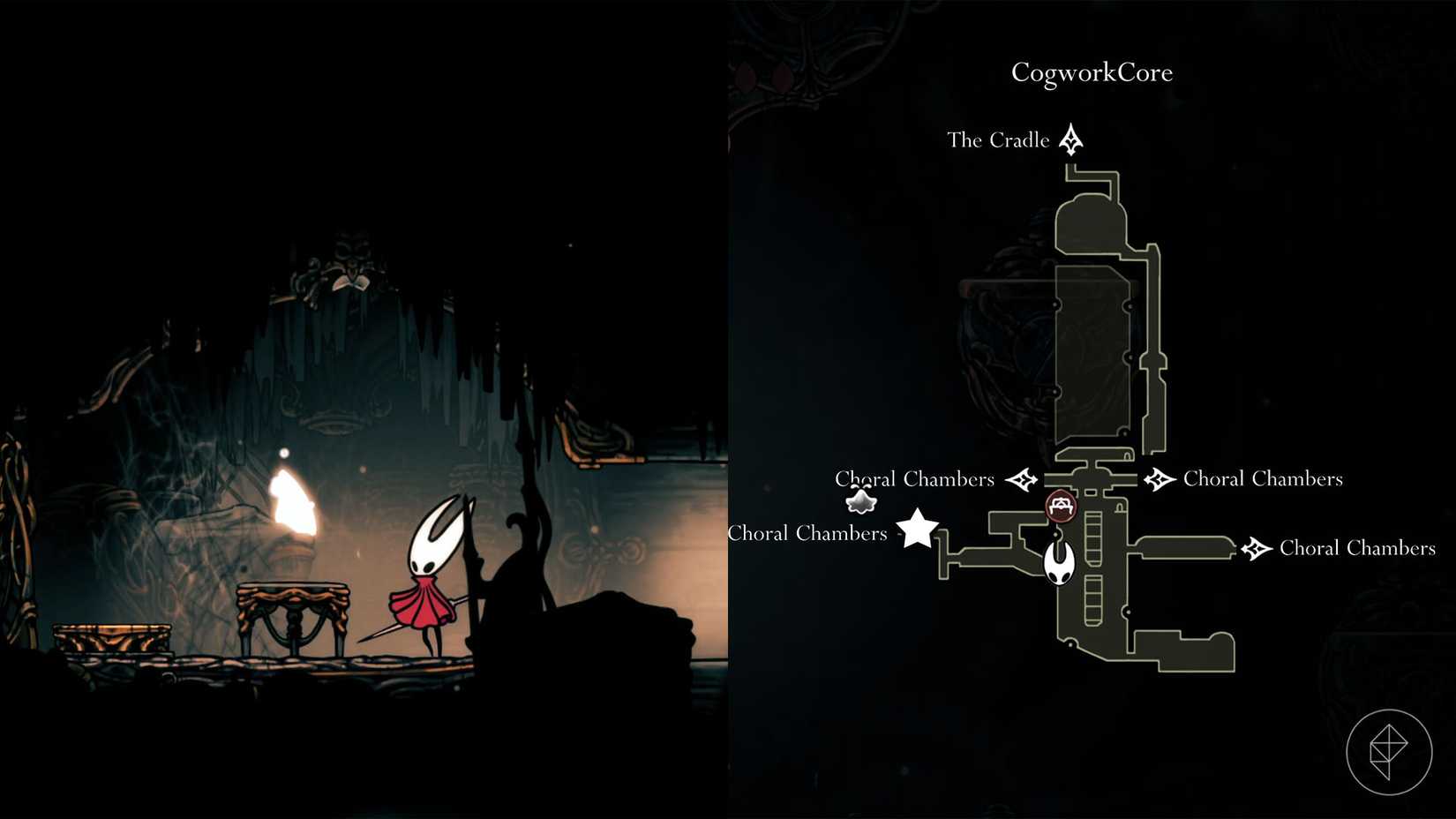 Hornet standing beside a Mask Shard in the Cogwork Core and Choral Chambers in Silksong.