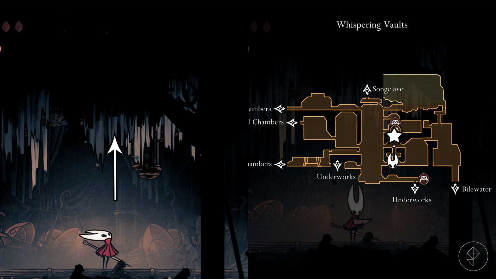 Hornet standing under a hole in the ceiling that leads to a Mask Shard in the Whispering Vaults in Silksong.