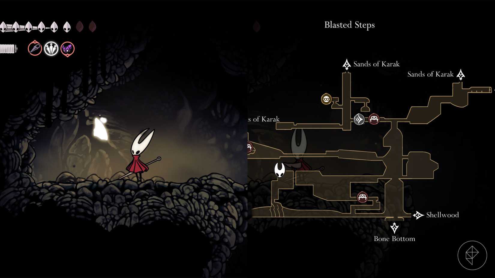 Hornet standing beside a mask shard in Blasted Steps in Silksong.