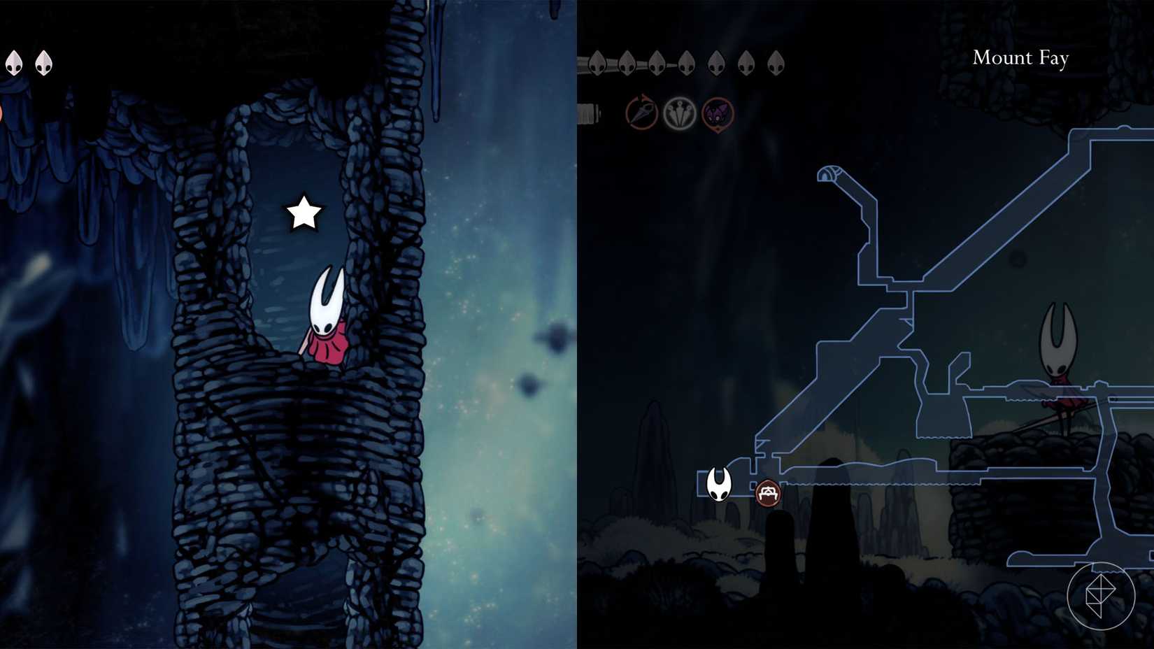 Hornet climbing up the ruins of a tower in Mount Fay in Silksong.