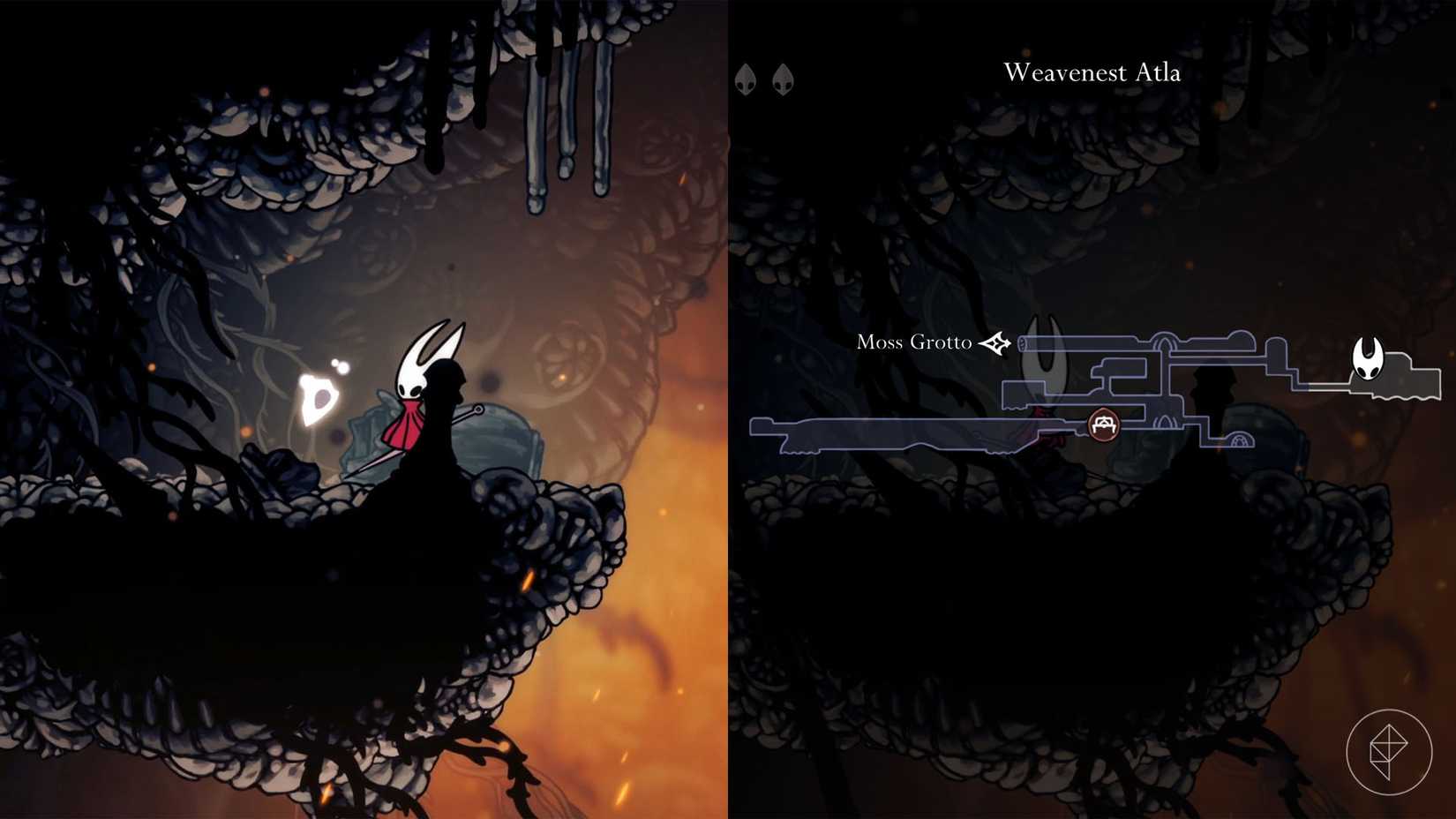 Hornet standing beside a mask shard in Weavenest Alta in Silksong.