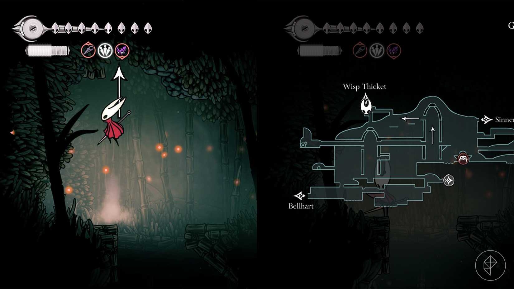 Hornet jumping to the entrance to the Wisp Thicket in Greymoor in Silksong.