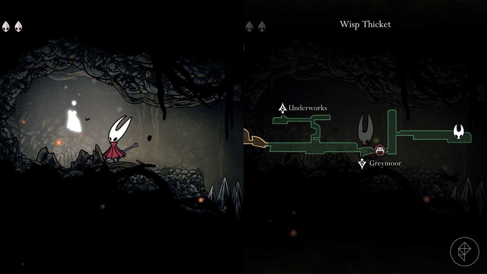 Hornet standing beside a mask shard in the Wisp Thicket in Silksong.