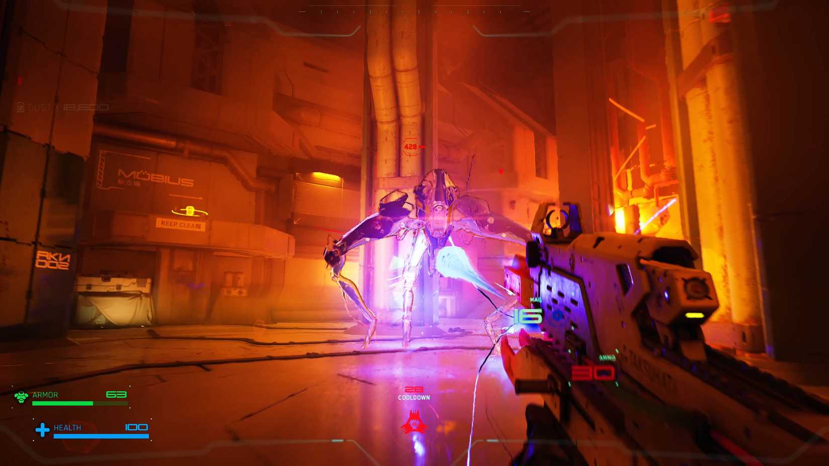 Aska shoots a giant spiderbot in Metal Eden