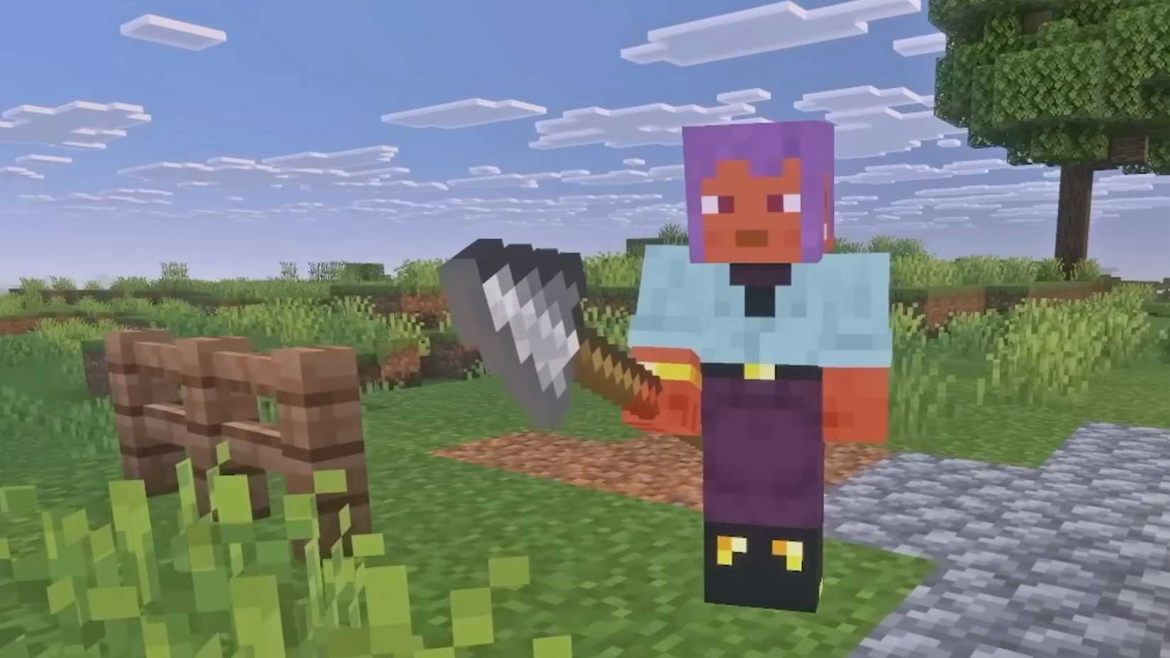 A player holding a spear in Minecraft.