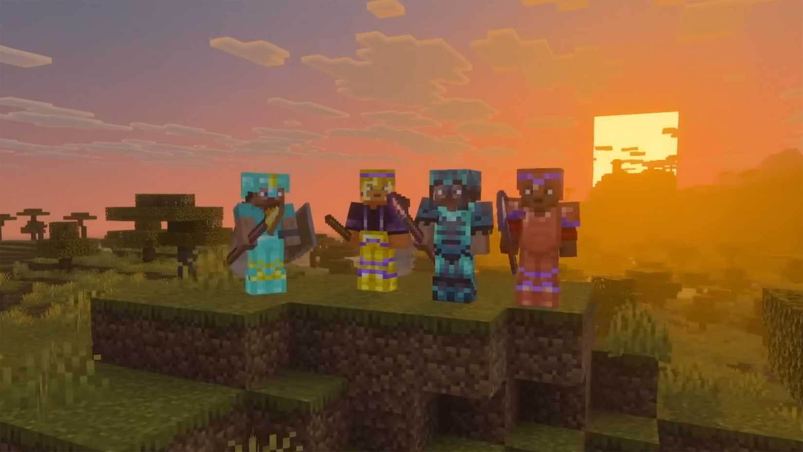 Minecraft में भाले रखने वाले चार खिलाड़ी।