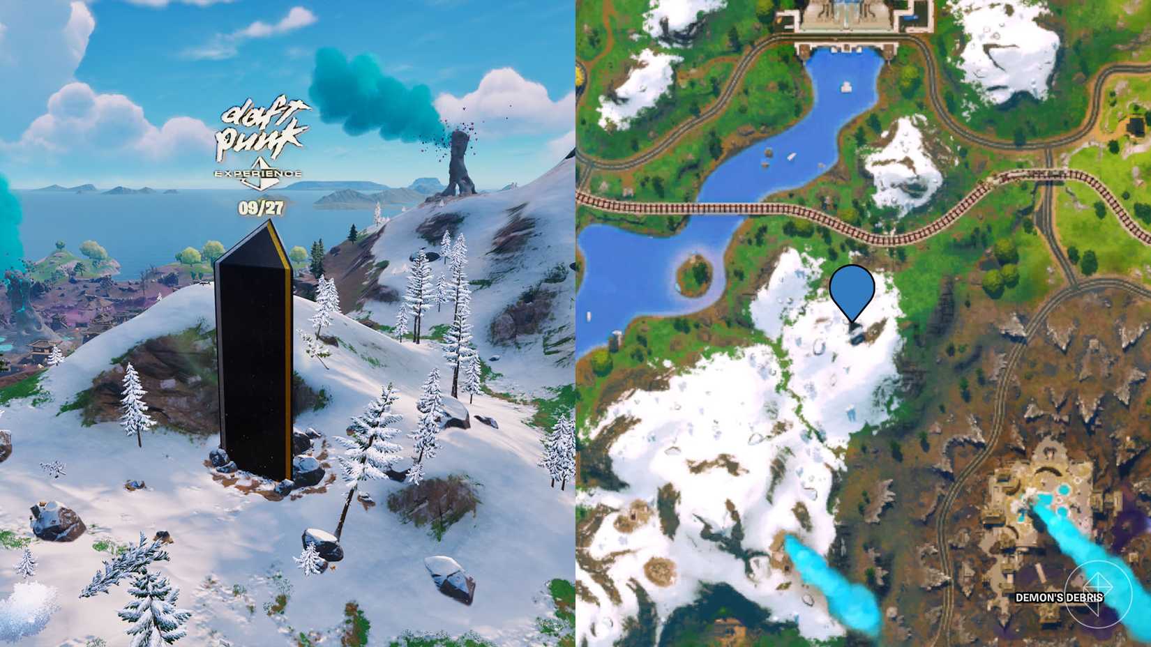 Fortnite मानचित्र पर Daft Punk अनुभव मोनोलिथ।