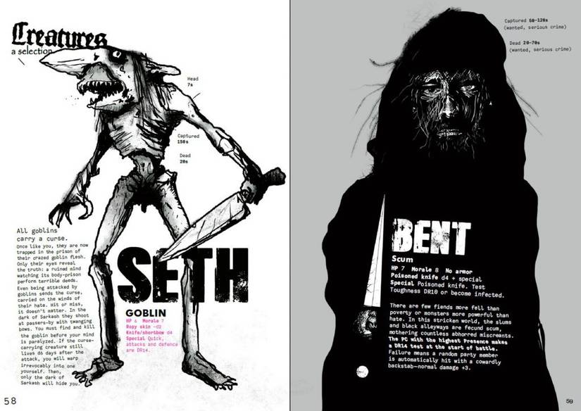 The two pages from MORK BORG with the stats and lore for the goblin and scum monsters