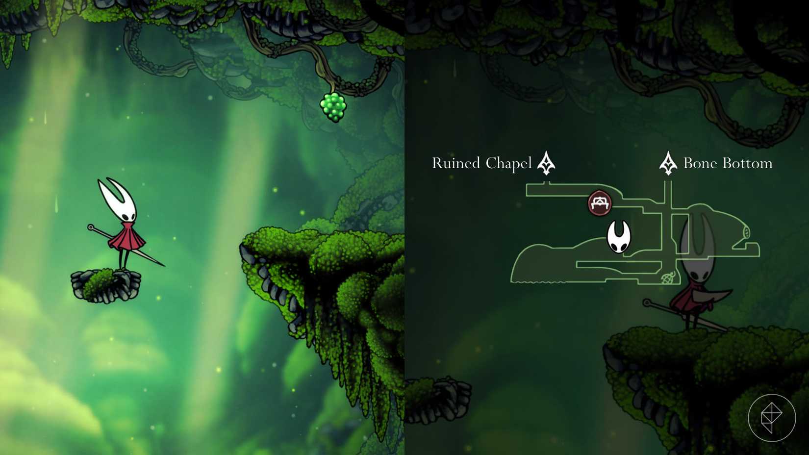 Hornet standing on a small platform that leads to a mossberry in Hollow Knight: Silksong.