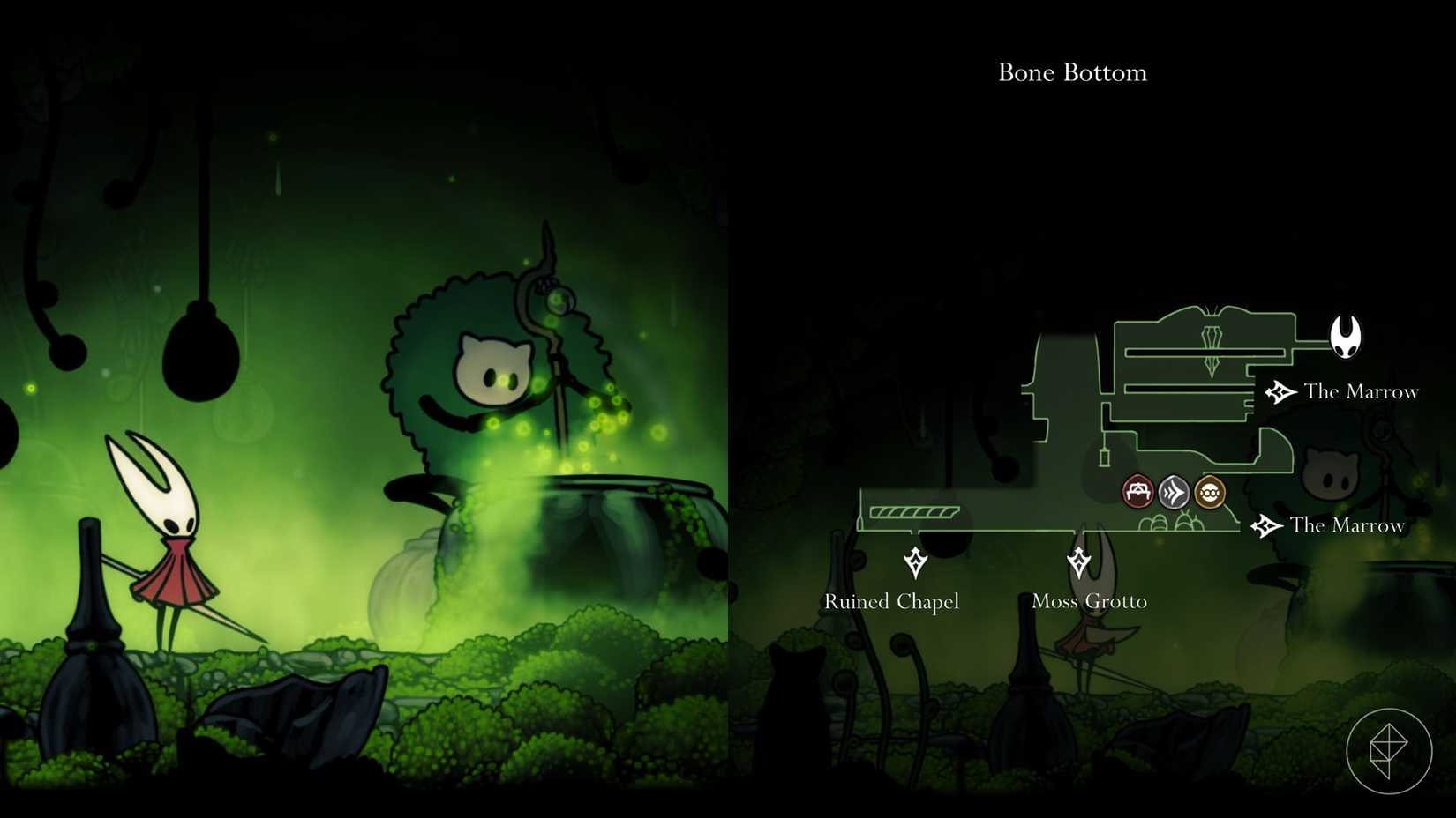 Hornet and Moss Druid marked on the map of Bone Bottom in Hollow Knight: Silksong.