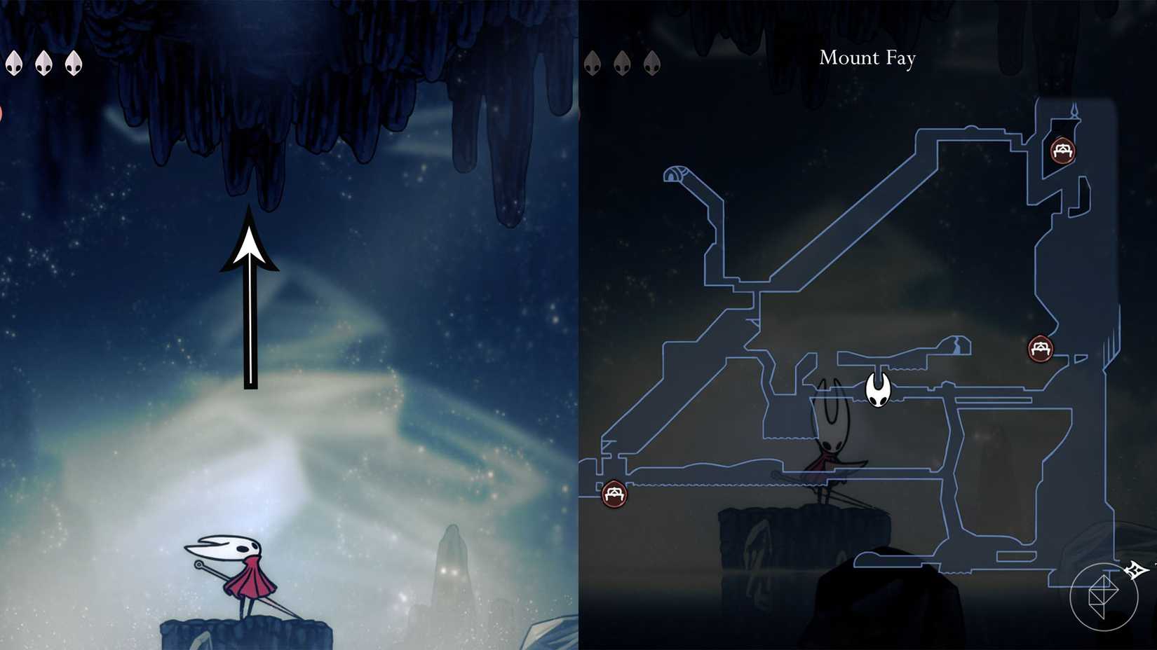 Hornet standing below a hole in the ceiling of Mount Fay that leads to a secret area.
