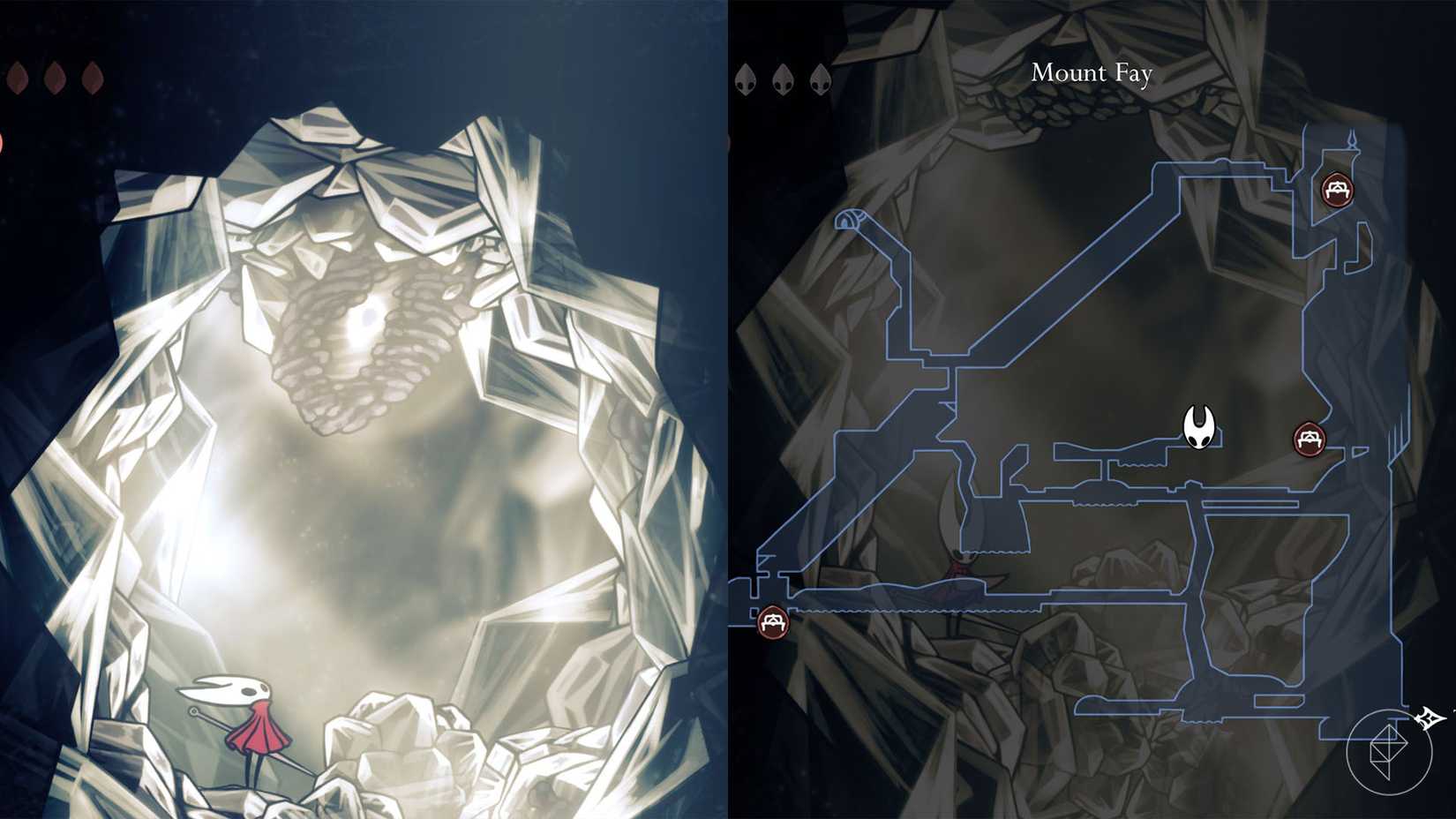 Hornet standing below a mask shard in Mount Fay in Silksong.