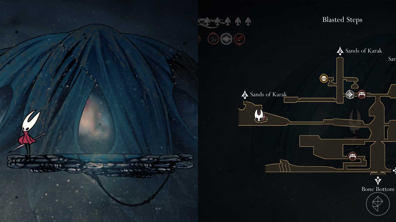 Hornet standing outside of the Pinstress' home in the Blasted Steps in Silksong.