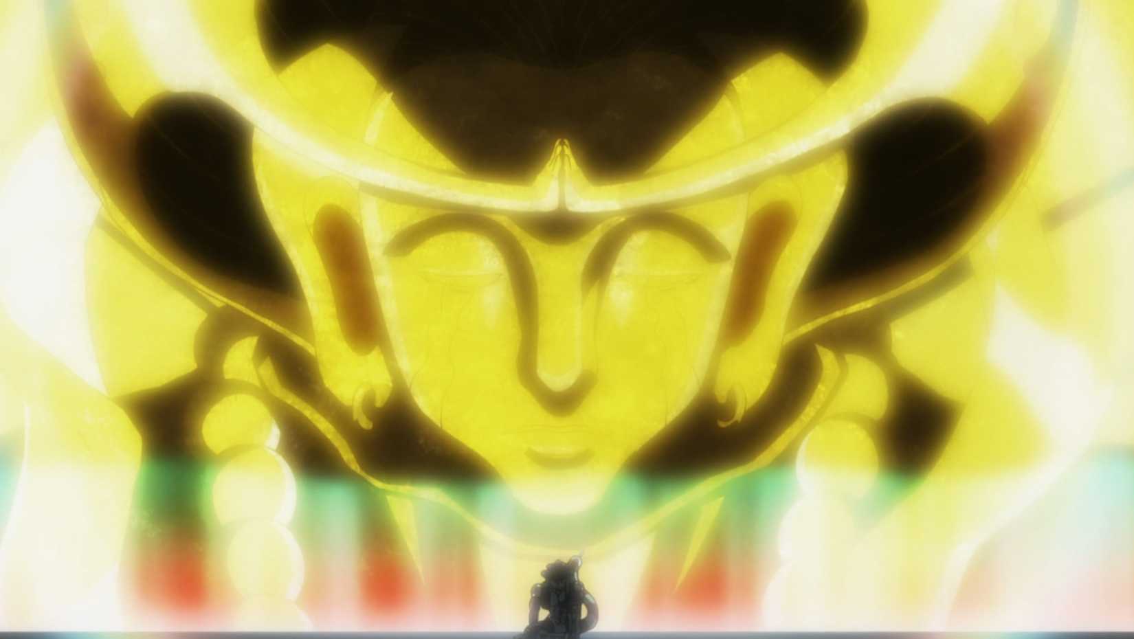 A giant golden Budha behind Meruem right before its sttackk