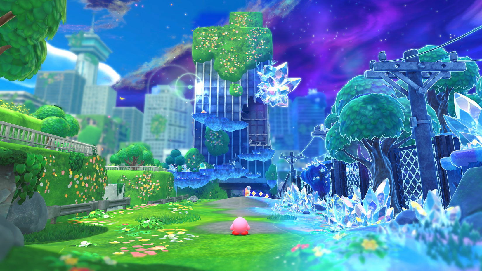 Kirby stands before a landscape being taken over by starlight and crystals in Kirby and the Forgotten Land + Star-Crossed World