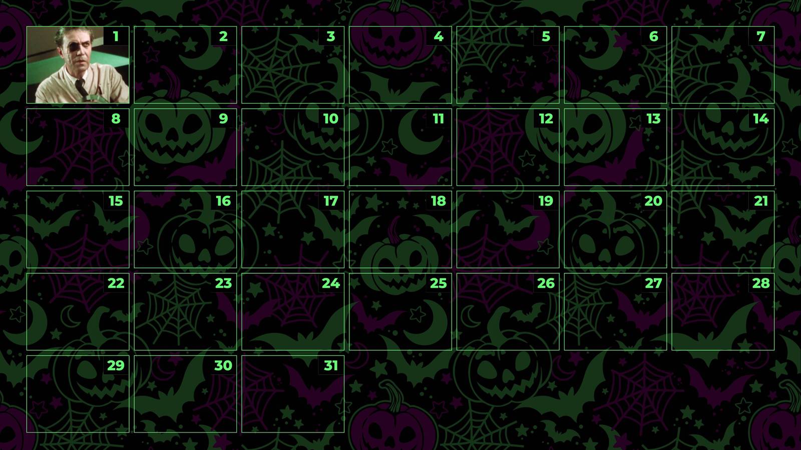 हमारे वार्षिक हेलोवीन उलटी गिनती के लिए एक अक्टूबर कैलेंडर, 1 अक्टूबर के लिए एक एकल थंबनेल छवि के साथ